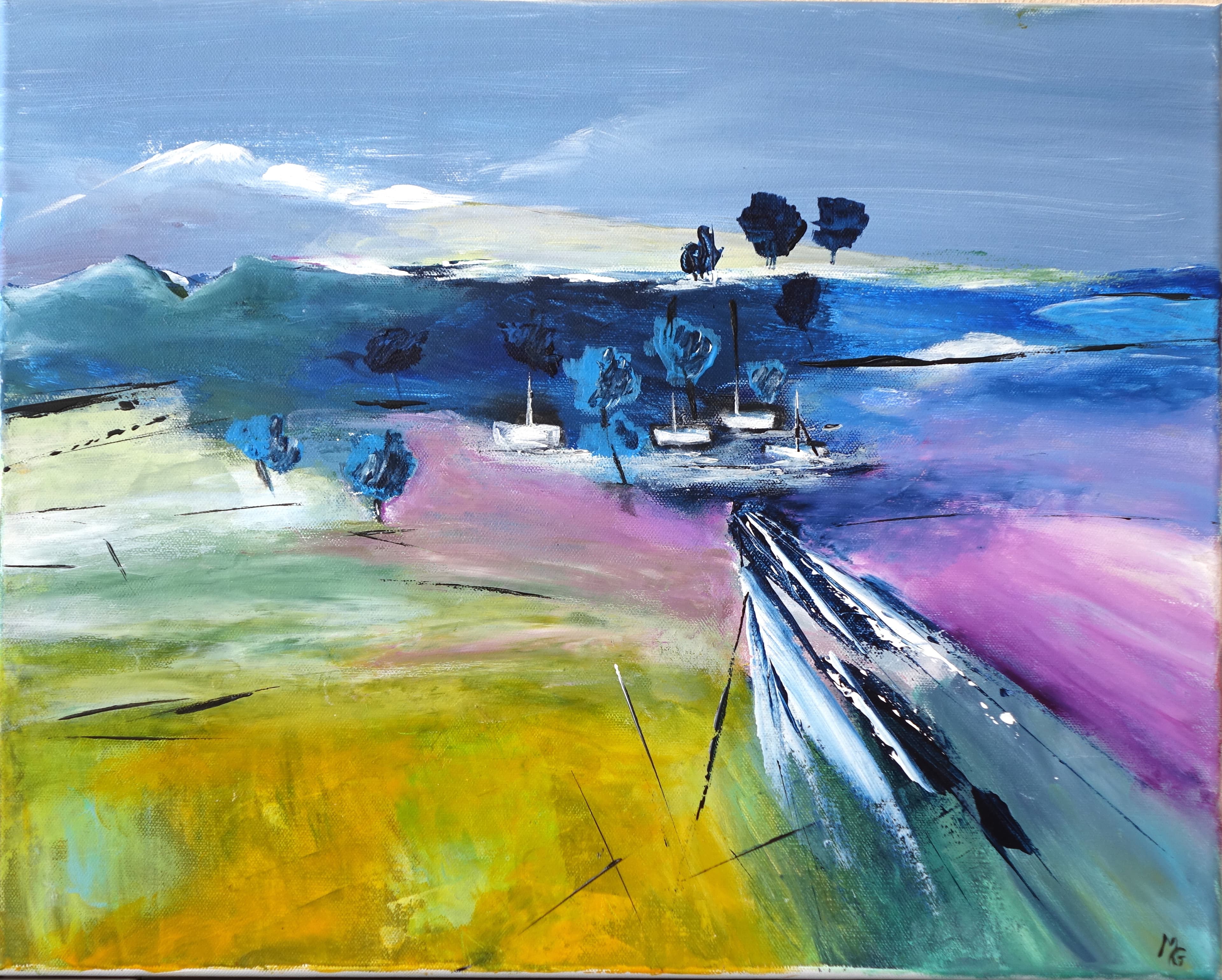 Tableau A l’horizon, acrylique 50 x 40 cm encadrée, l'horizon s'étend à l'infini, invitant à la contemplation et à l'évasion.