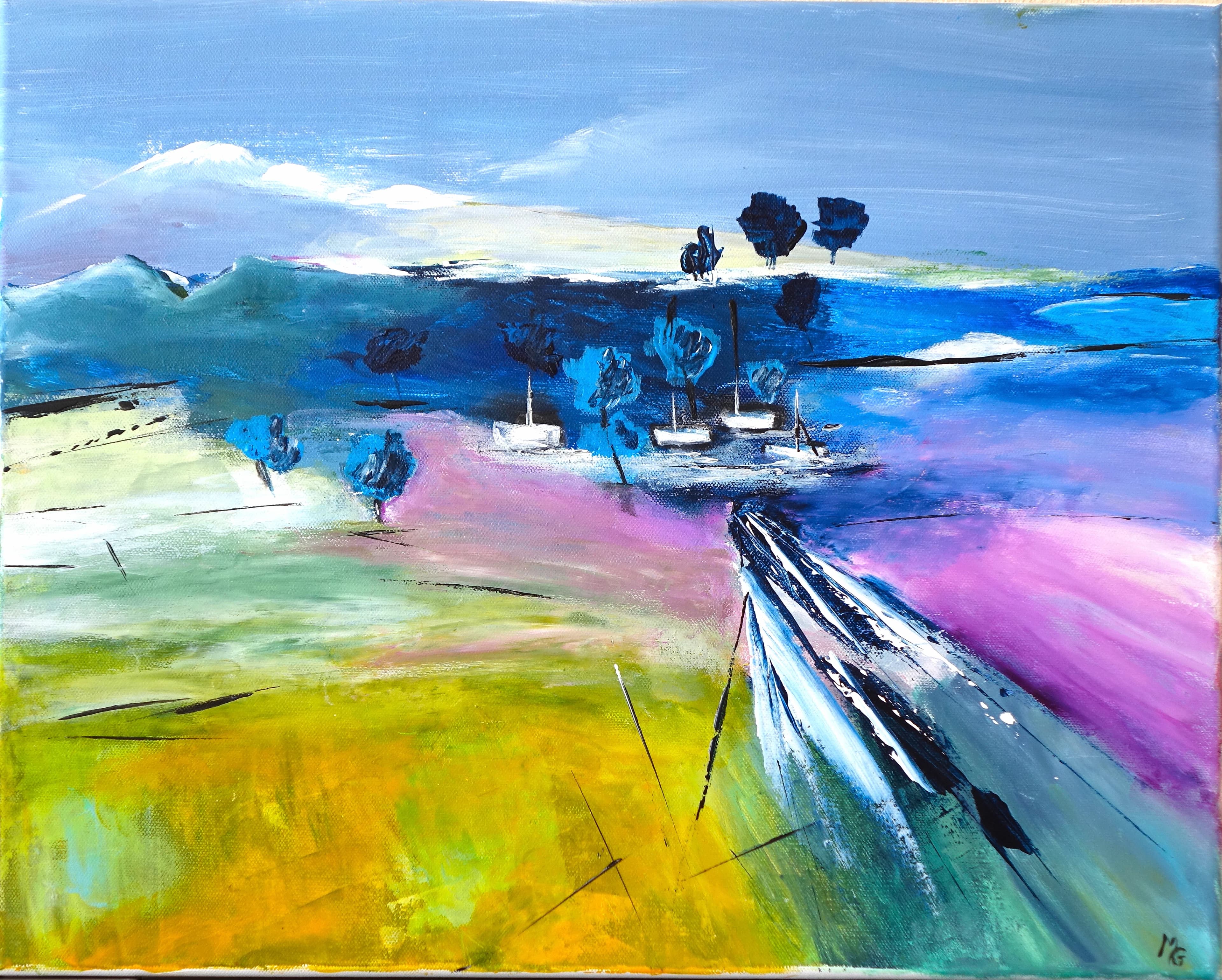 Tableau A l’horizon, acrylique 50 x 40 cm encadrée, l'horizon s'étend à l'infini, invitant à la contemplation et à l'évasion.