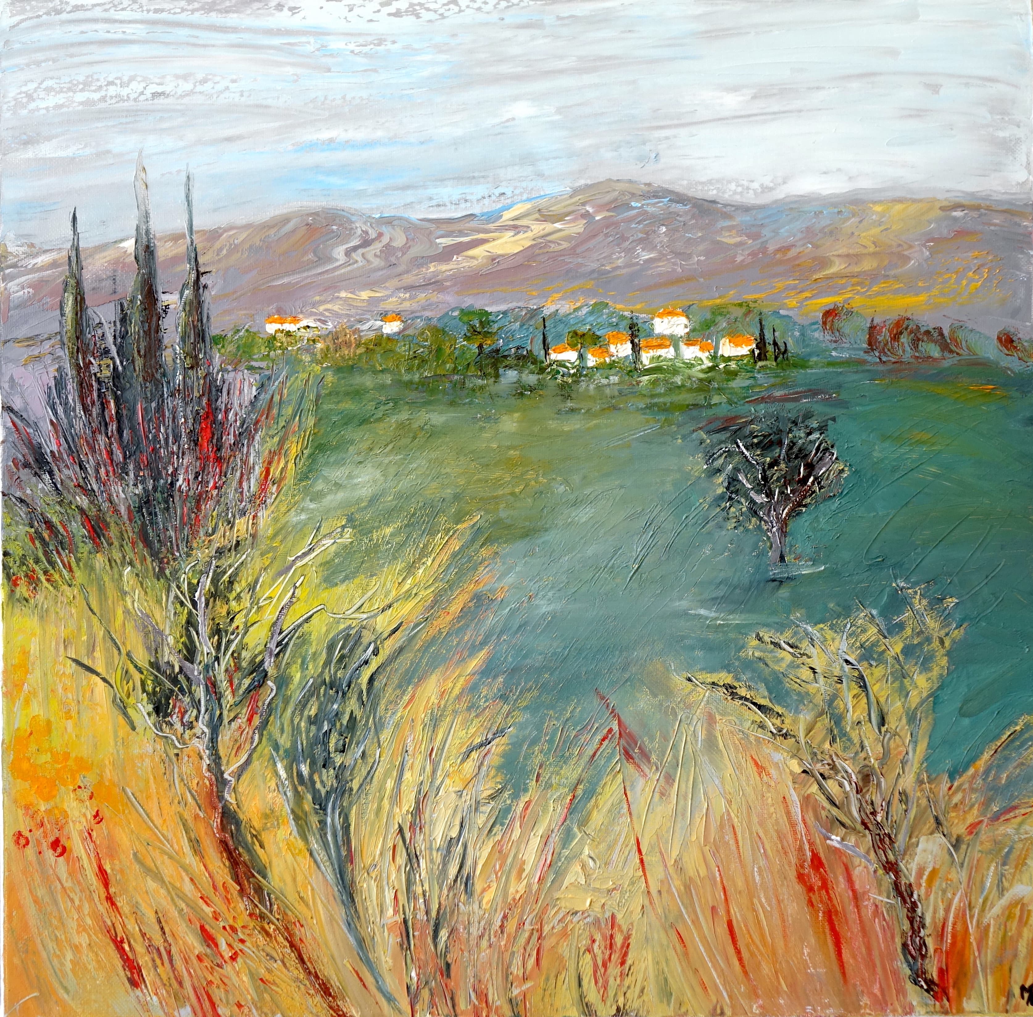 Tableau Mistral en Provence, acrylique 50 x 50 cm, le mistral souffle sur la Provence, apportant clarté et vivacité.