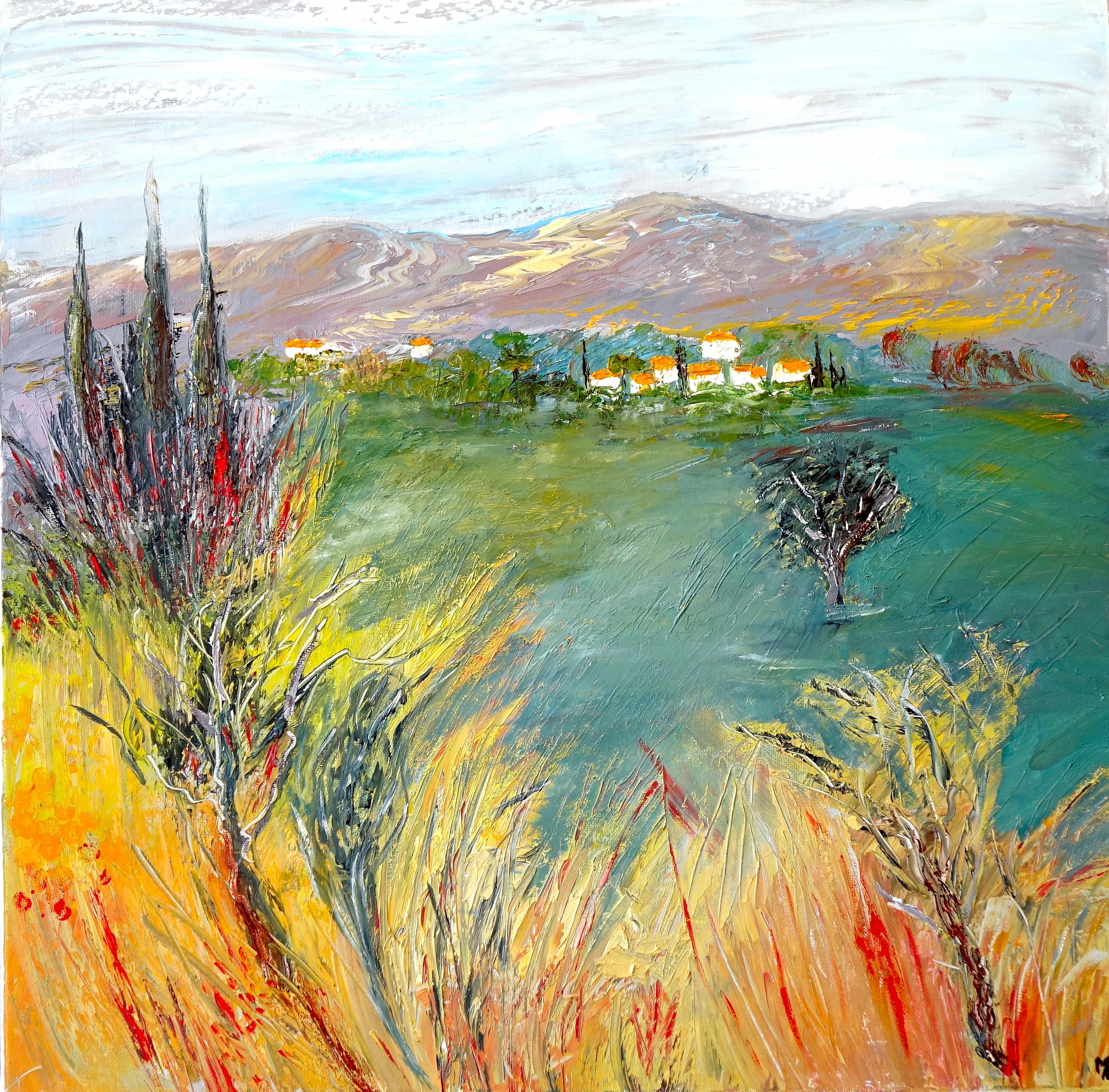 Tableau Mistral en Provence, acrylique 50 x 50 cm, le mistral souffle sur la Provence, apportant clarté et vivacité.