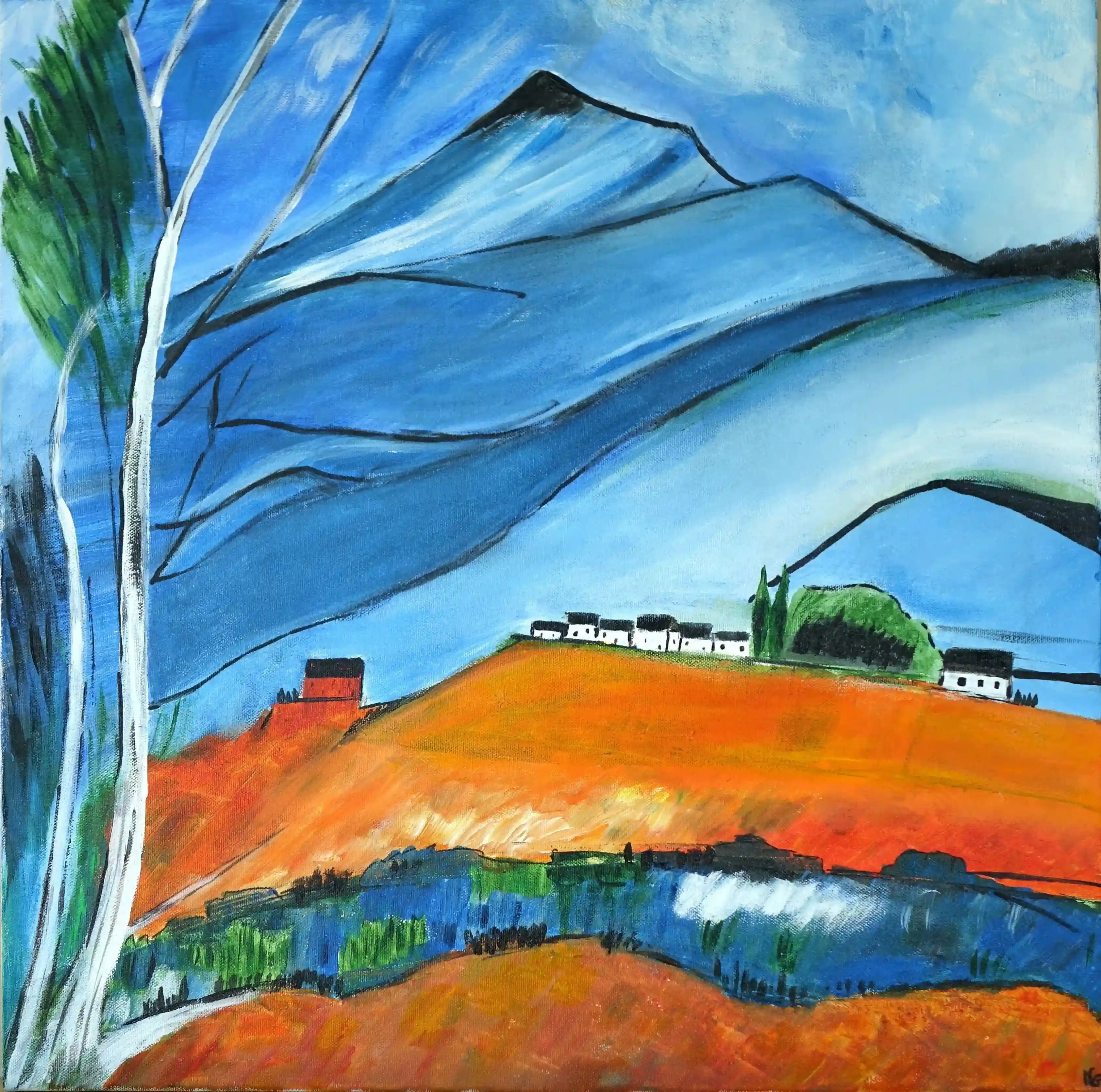 Peinture Contrastes, inspiration Sainte-Victoire en acrylique 50 x 50 cm.