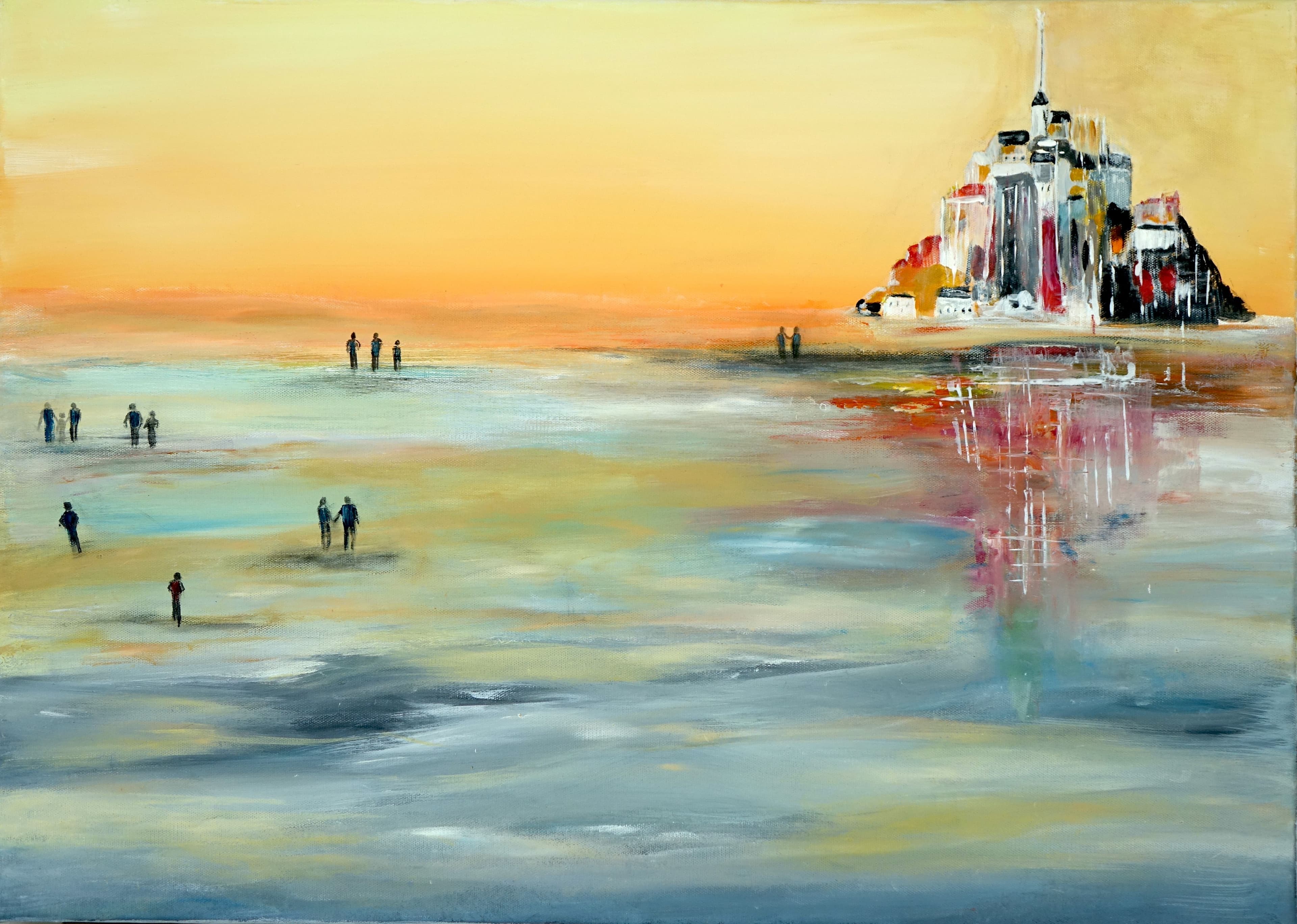 Tableau contemporain Fascination représentant un coucher de soleil sur la baie du Mont-Saint-Michel, acrylique 70 x 50 cm.