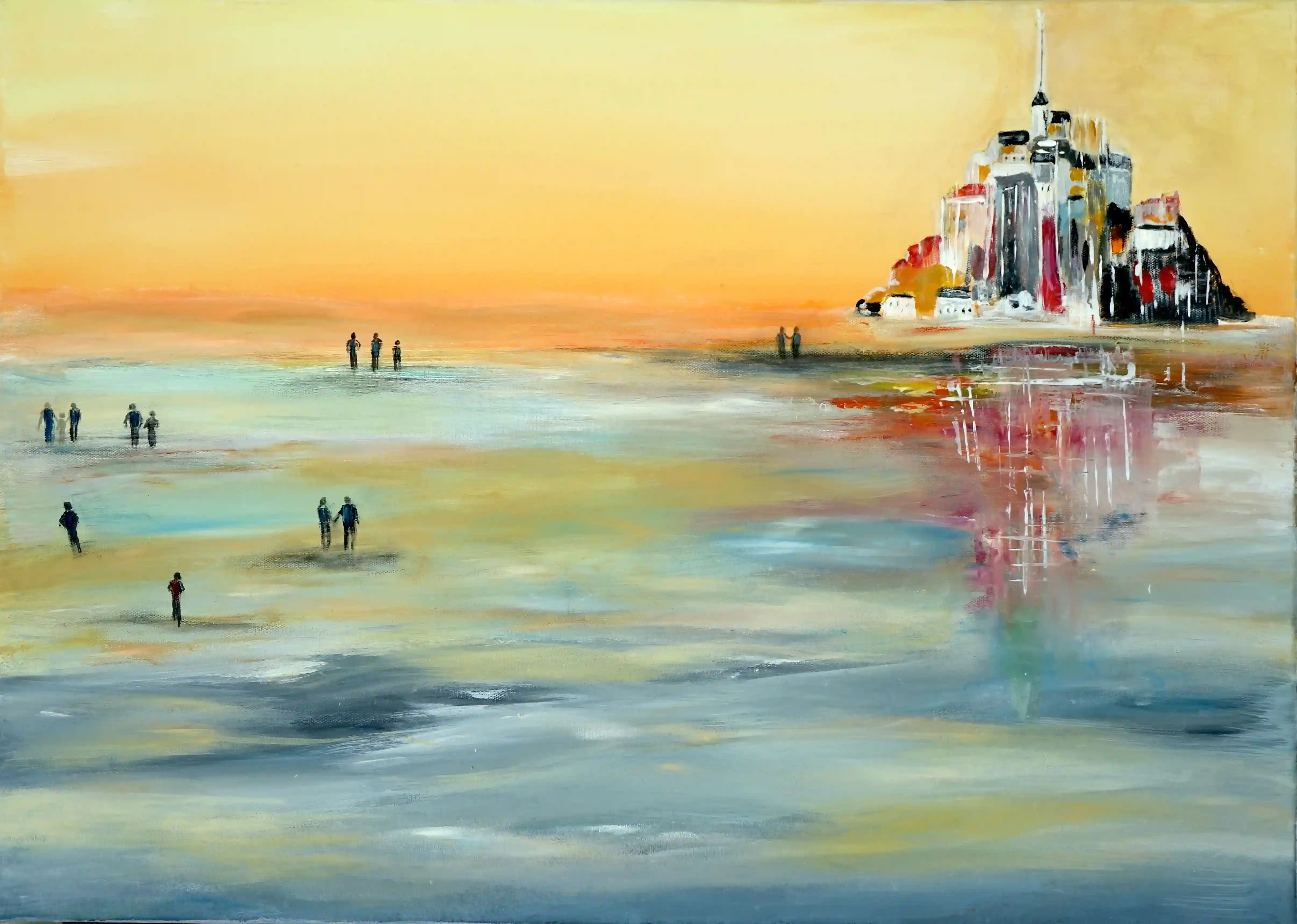 Tableau contemporain Fascination représentant un coucher de soleil sur la baie du Mont-Saint-Michel, acrylique 70 x 50 cm.