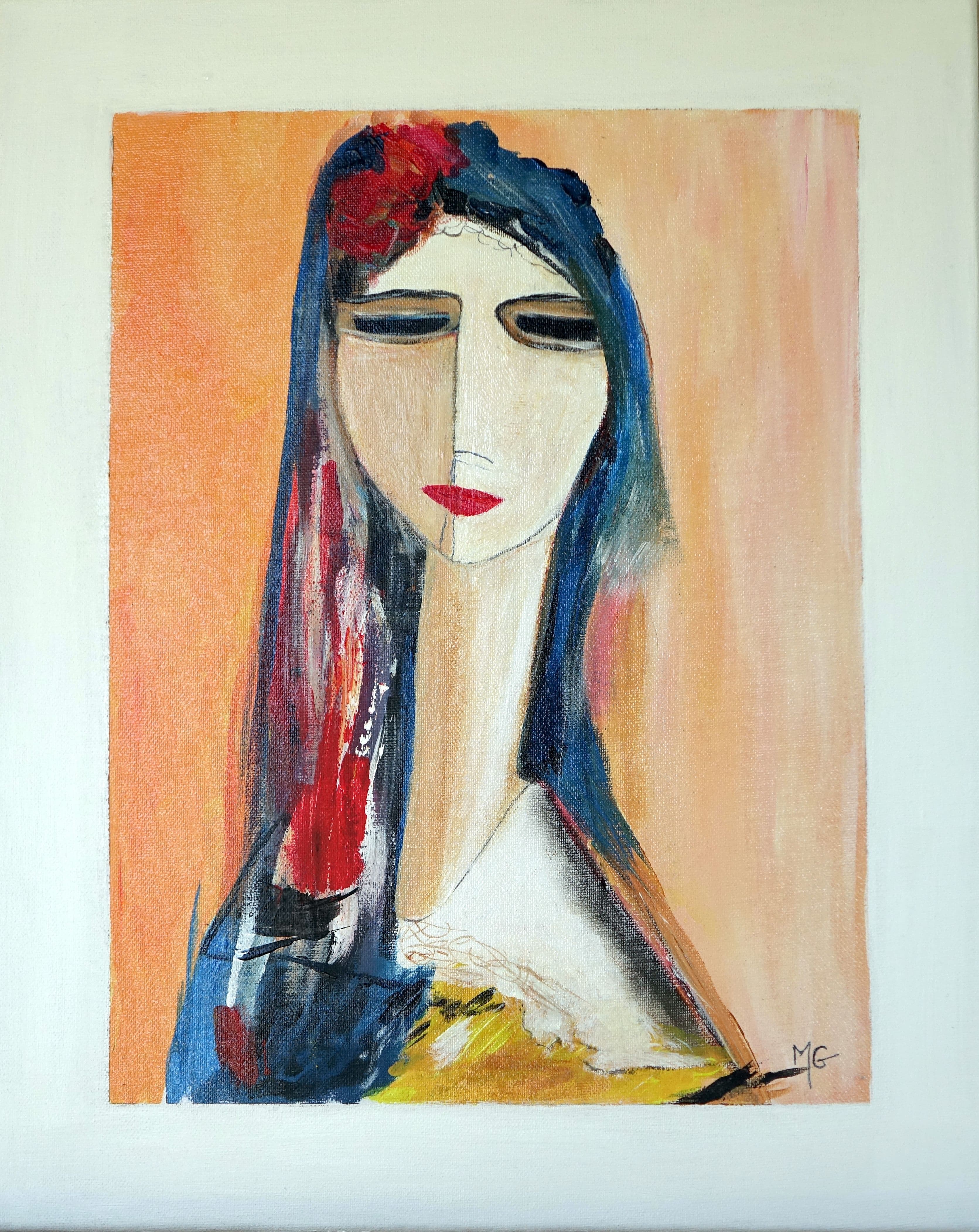 Portrait Femme au nœud rouge, peinture acrylique 50 x 40 cm célébrant la féminité.