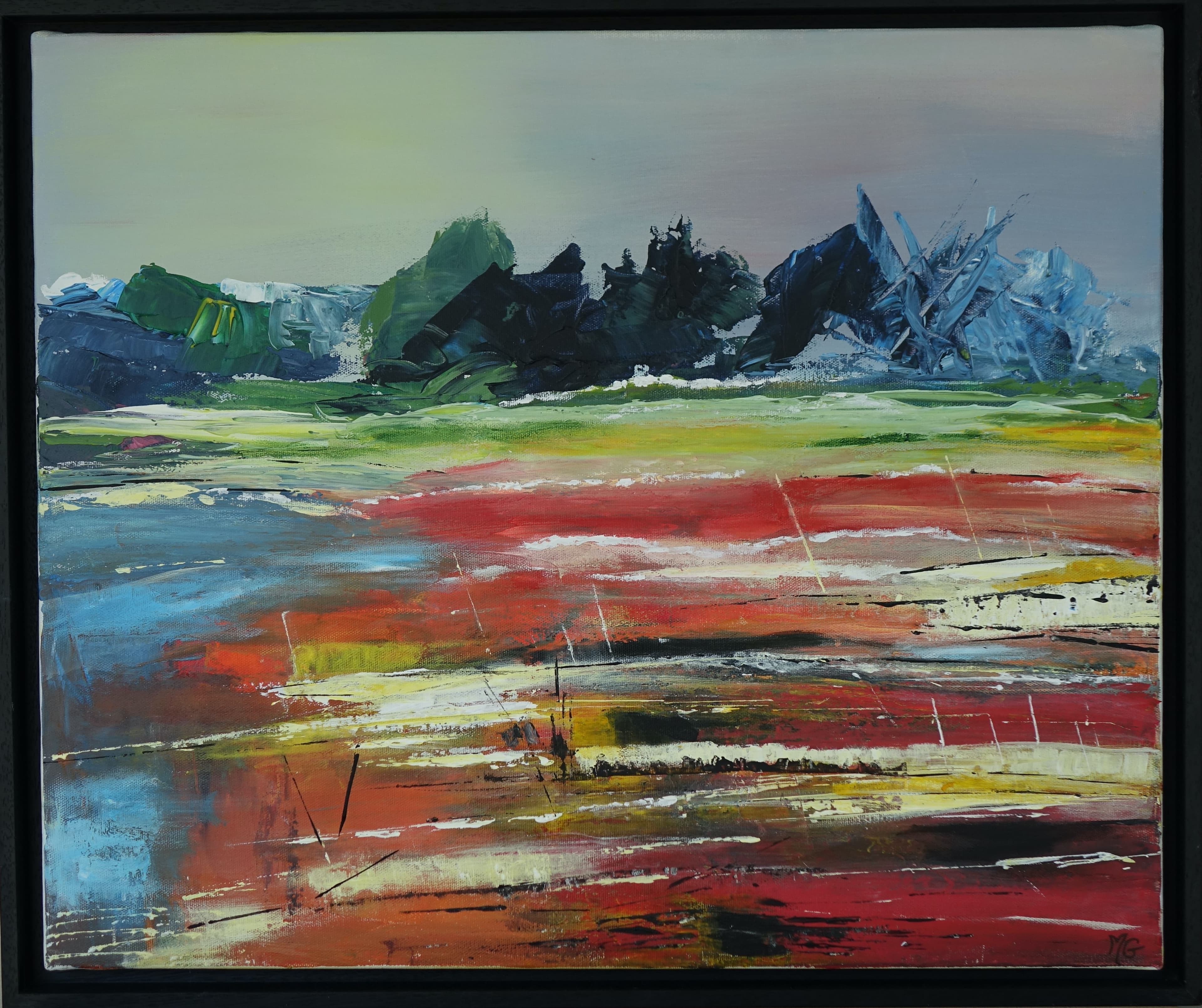 Peinture contemporaine Rouge et horizon, acrylique au couteau sur toile 60 x 50 cm encadrée avec premier plan flamboyant et horizon lumineux.