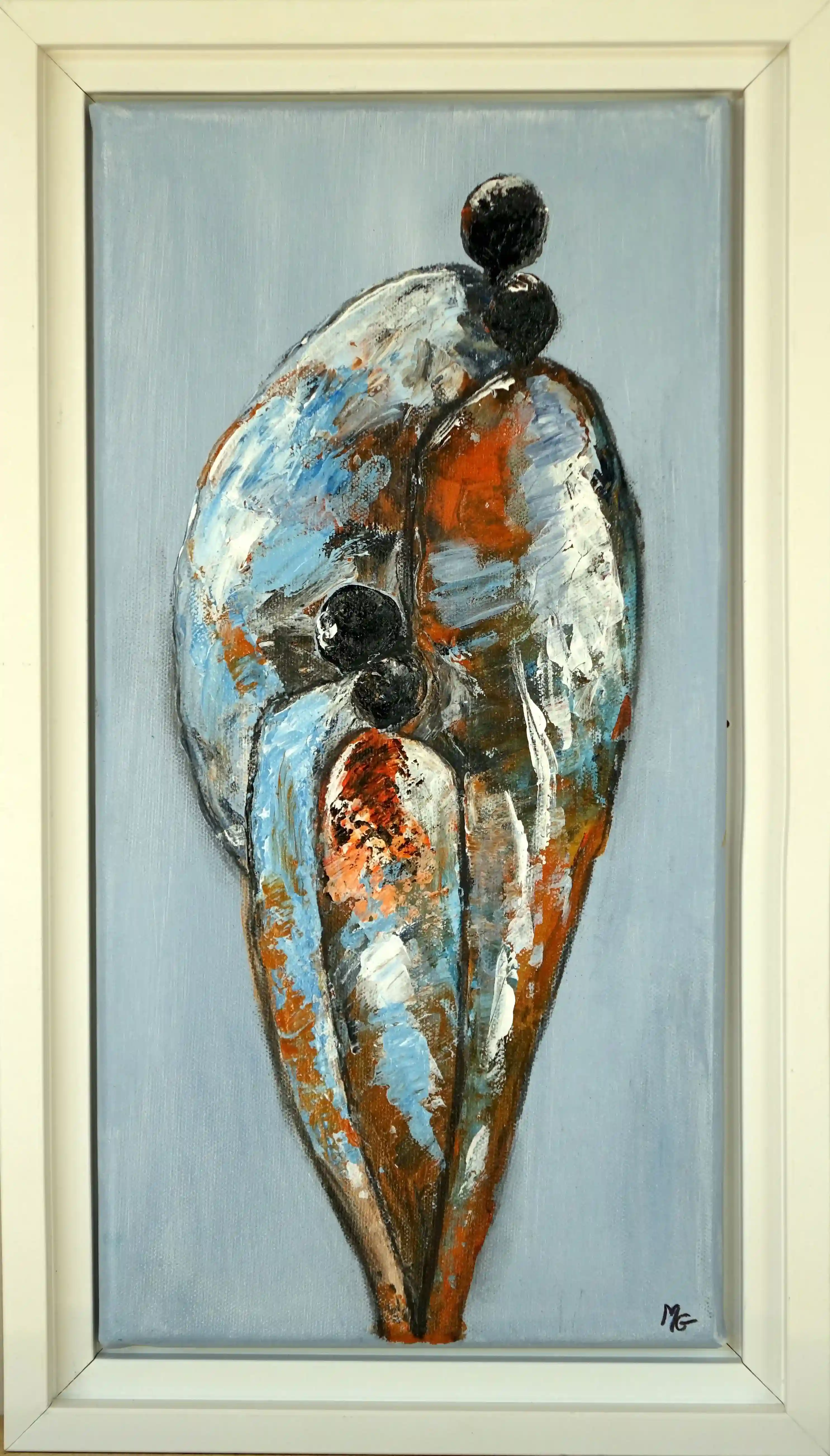 Peinture contemporaine Départ, acrylique 40 x 20 cm encadrée évoquant une famille réunie.