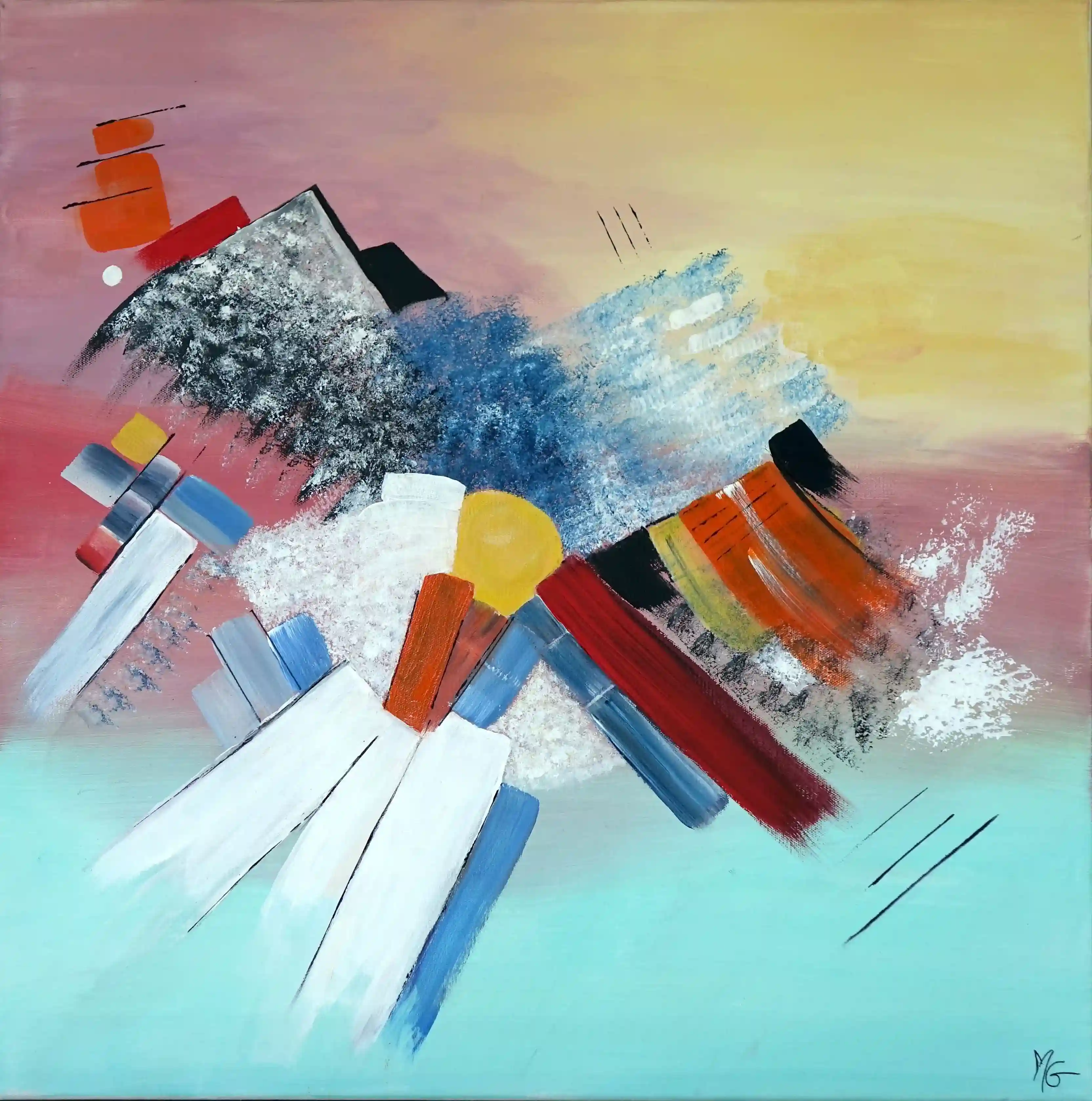 Tableau abstrait Galaxie, acrylique 60 x 60 cm inspirée par le cosmos avec soleil éclatant et lune en arrière-plan.