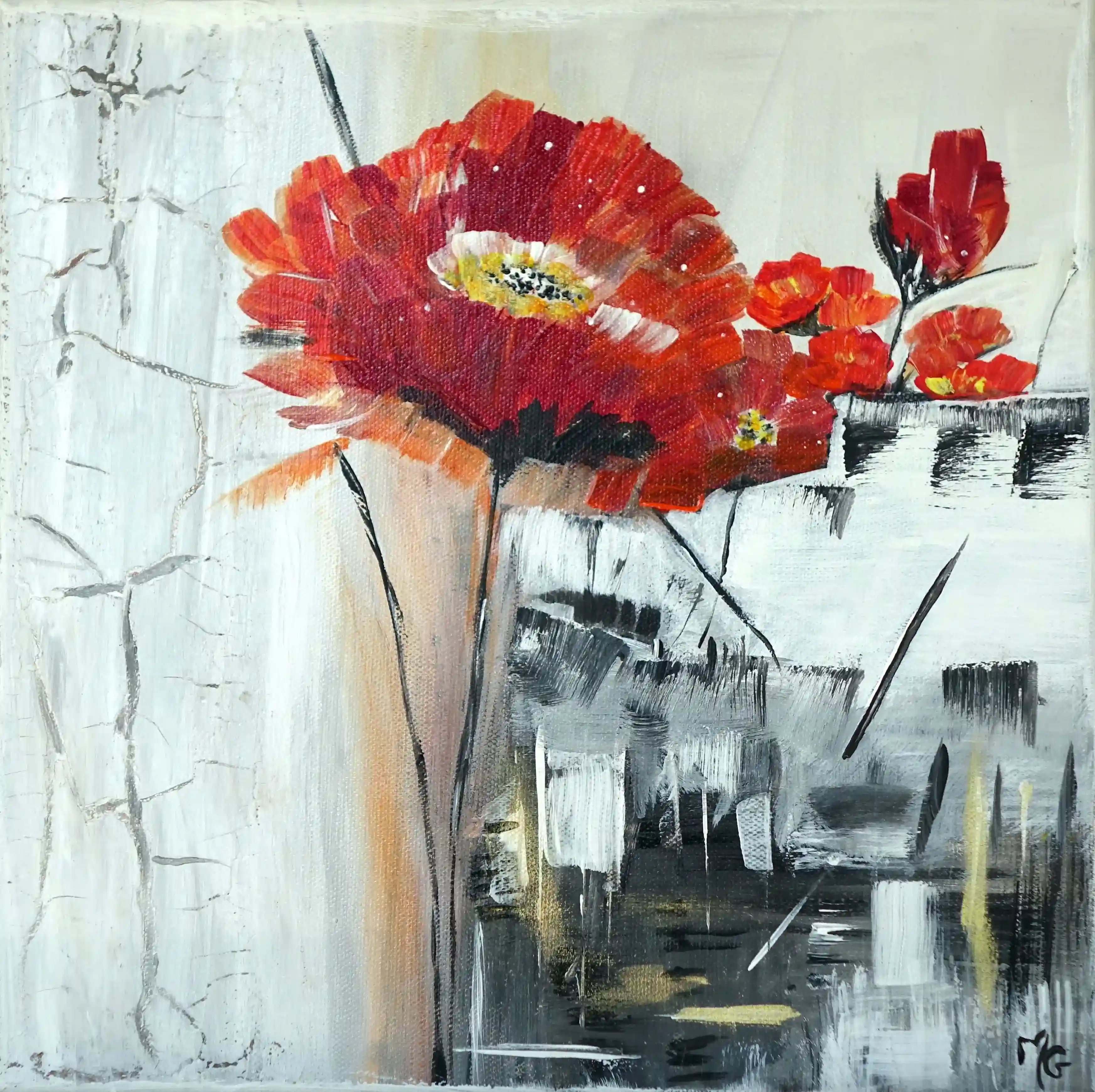 Tableau contemporain Lumière rouge, acrylique 30 x 30 cm mettant en valeur un coquelicot vibrant.