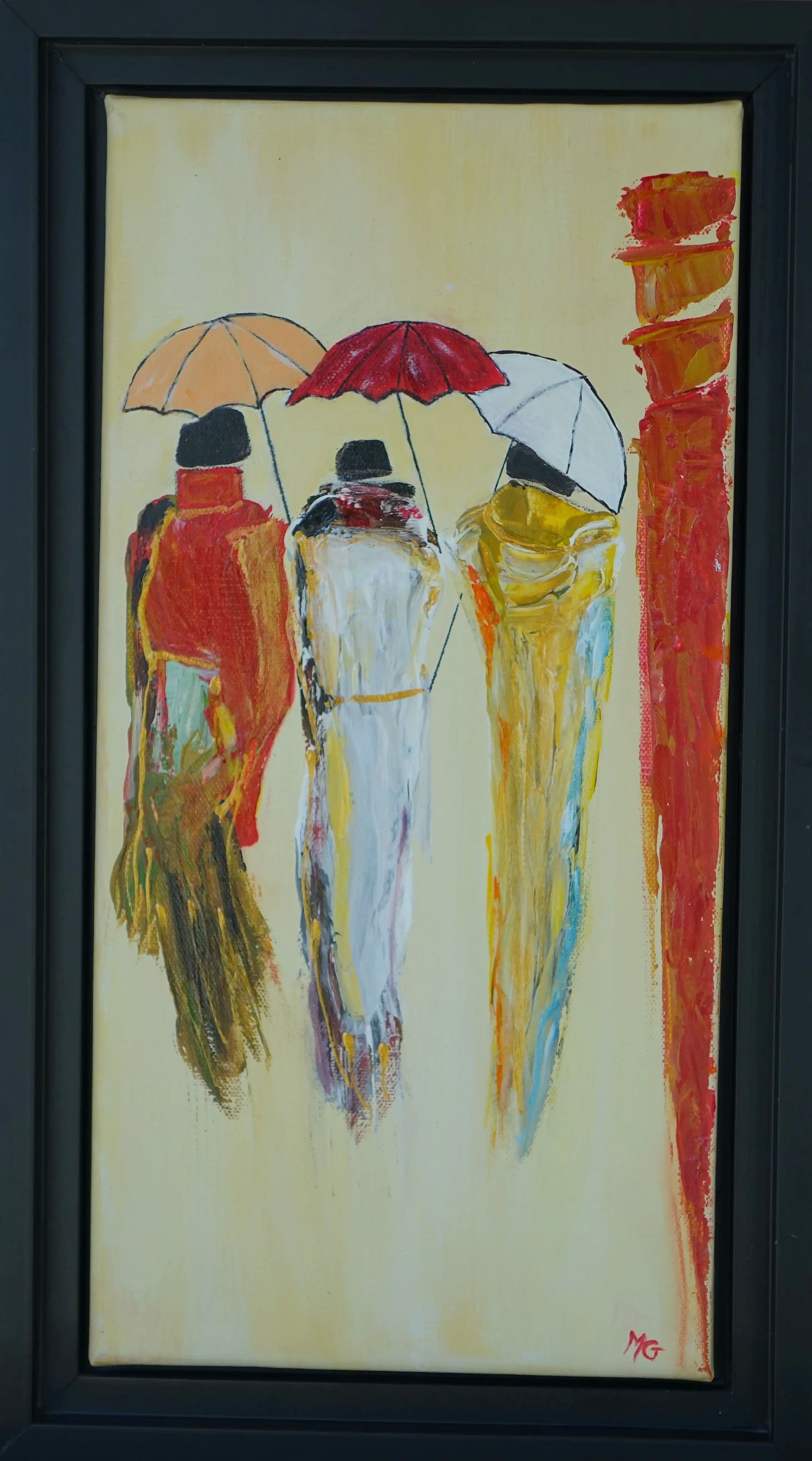 Tableau Trois femmes, peinture acrylique 20 x 40 cm encadrée, silhouettes féminines aux couleurs chaudes.
