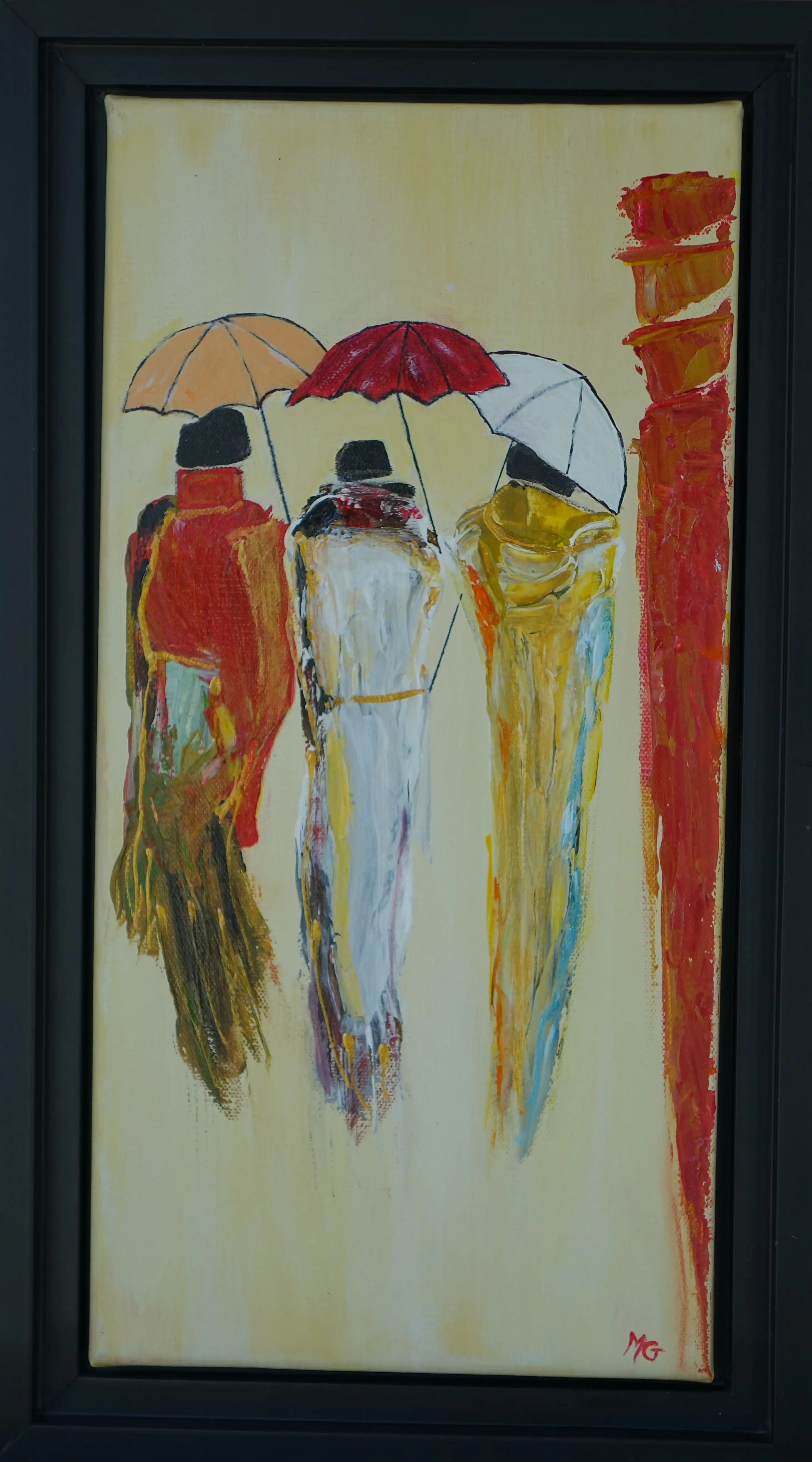 Tableau Trois femmes, peinture acrylique 20 x 40 cm encadrée, silhouettes féminines aux couleurs chaudes.